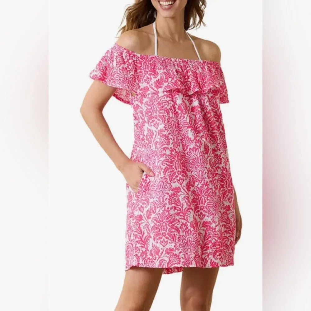 Tommy Bahama Harbour Eyelet‎ Off the Shoulder Dress Passion Pink Women's XS NWT